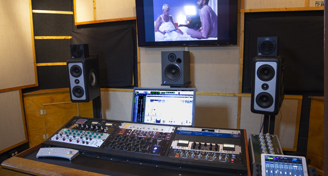 Post Production Studio view for editing surround sound in Pro Tools for film, tv, and mastering